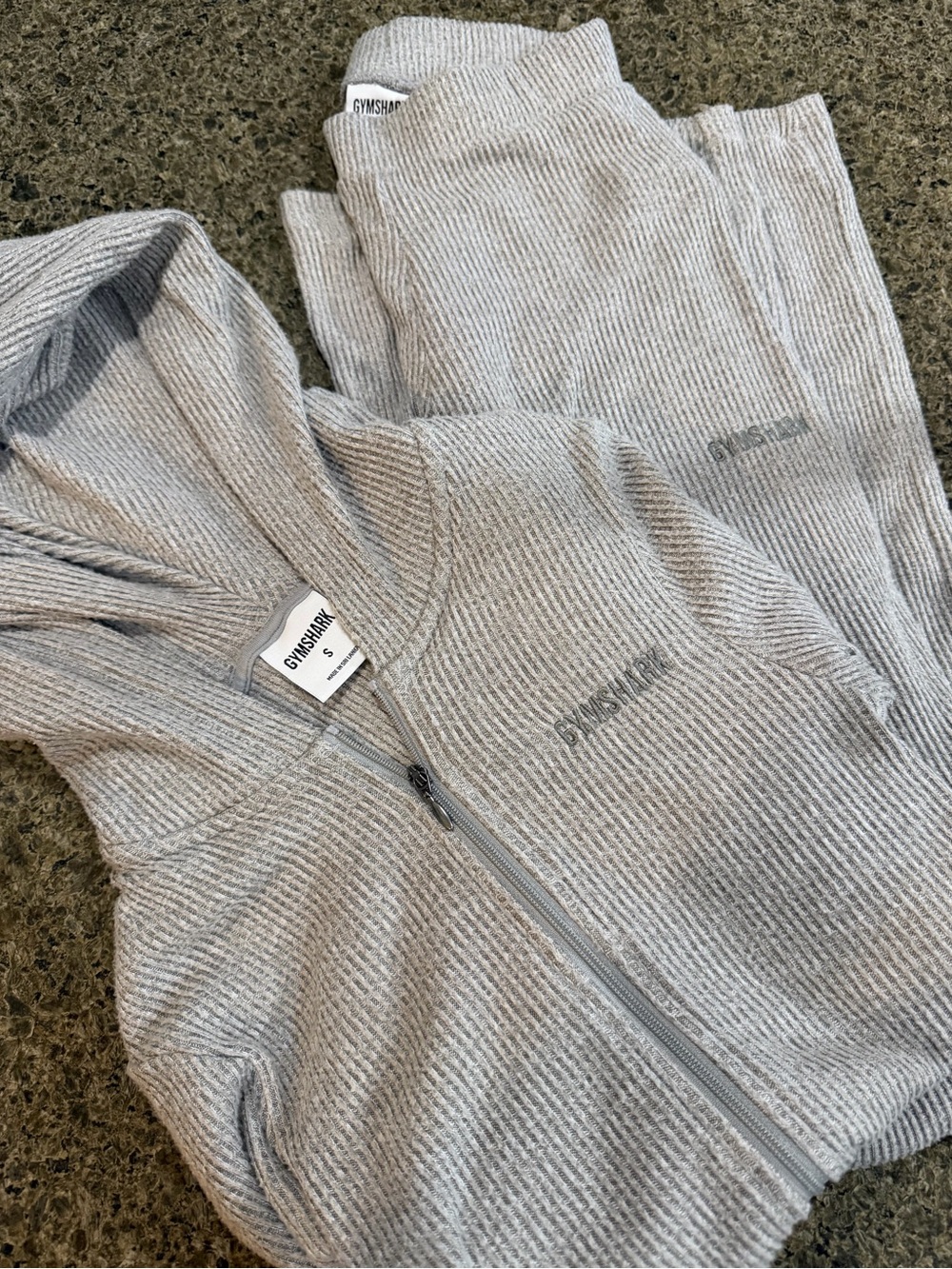 Gymshark Light Gray Ribbed Zip Hoodie & Joggers Set